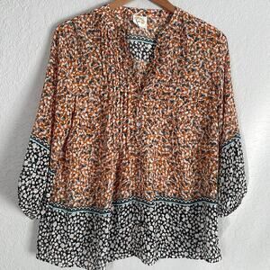 Fig and Flower Orange Floral Blouse Pleated Bib Fall Peasant Boho Semi Sheer